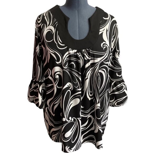 DRESS BARN WOMAN Black White Tunic Top Size 18/20 Swirls Keyhole CareerMade USA - Picture 12 of 12